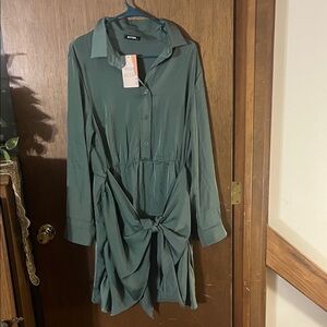 BTFBM Green Long Sleeve Shirt Dress with Waist Tie – Size XL